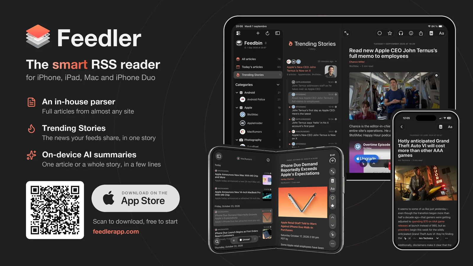 Feedler, the smart RSS reader for iPhone, iPad, Mac and iPhone Duo: an in-house parser, Trending Stories and on-device AI summaries, with the App Store's QR code and the Download on the App Store button