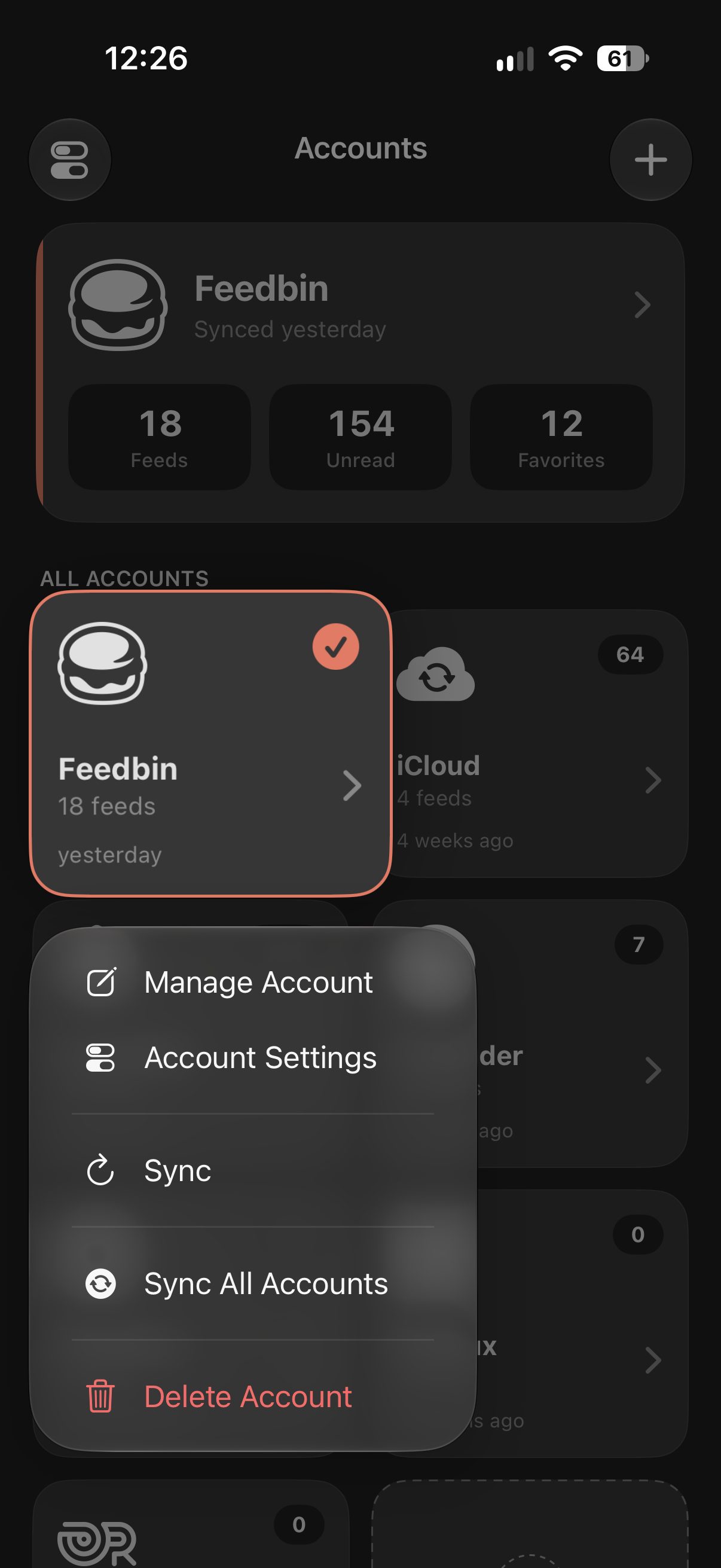 The Accounts page in Feedler with an account's menu open: Manage Account, Account Settings, Sync, Sync All Accounts, Delete Account