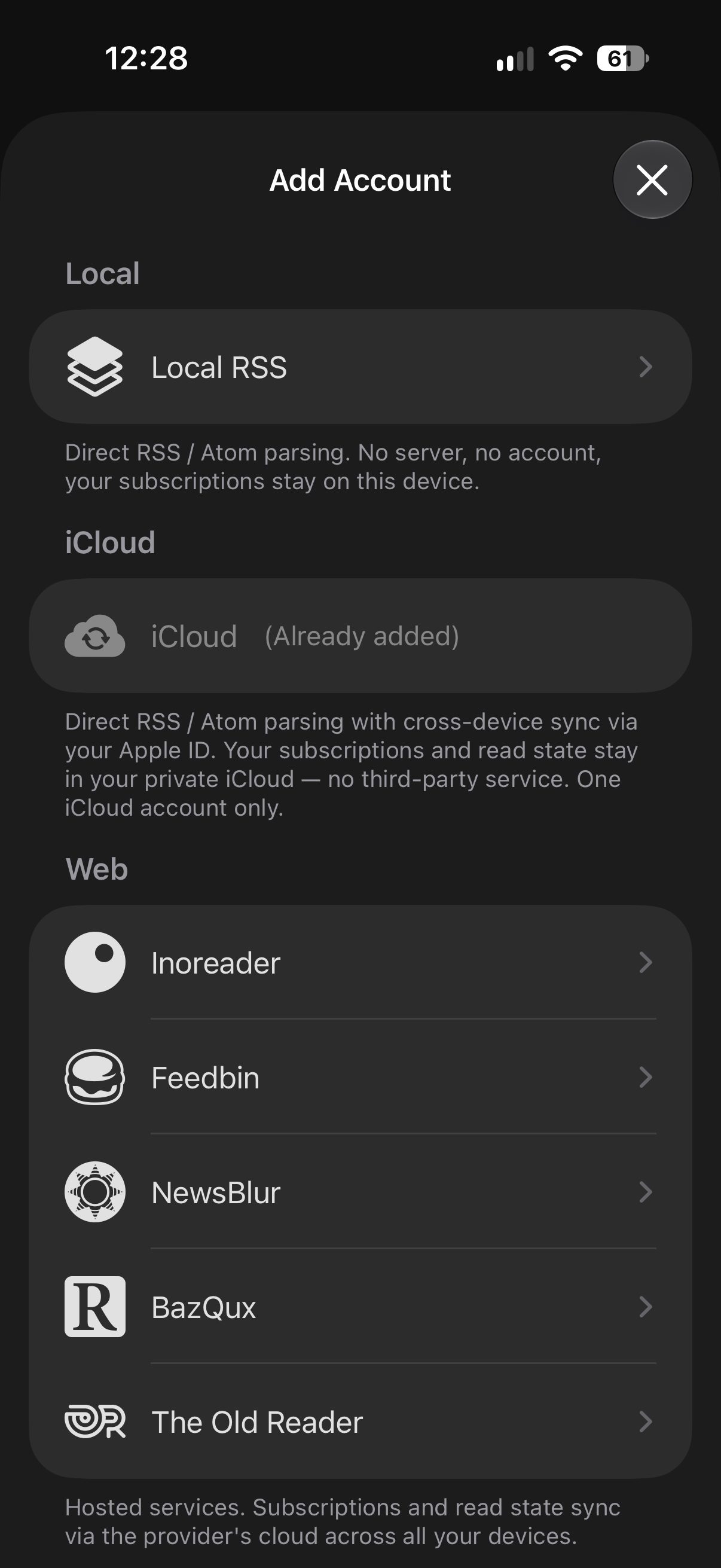 The Add Account screen of Feedler: Local RSS, iCloud, then web services such as Inoreader, Feedbin, NewsBlur, BazQux and The Old Reader