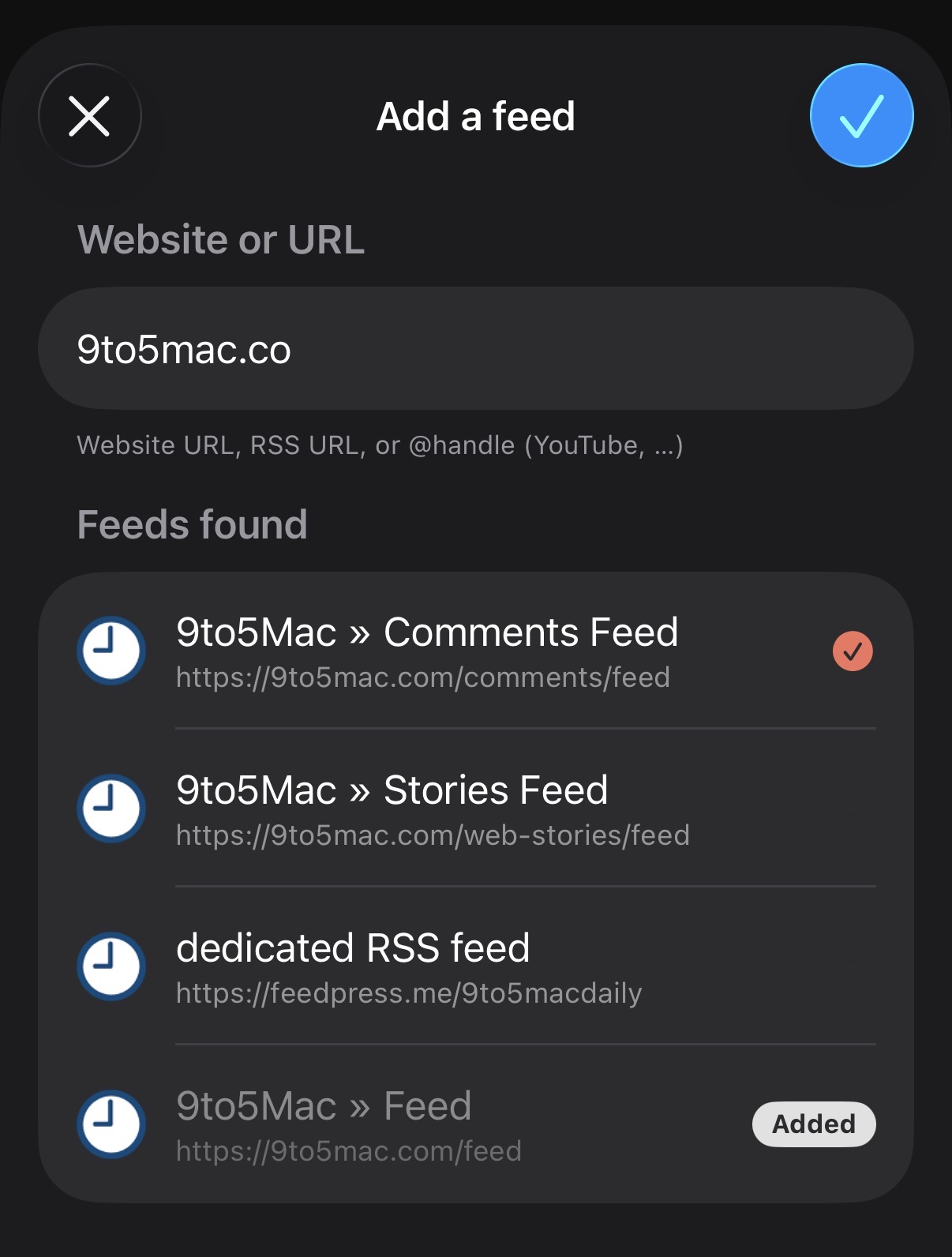 Adding a feed by website — Feedler discovers the RSS feed