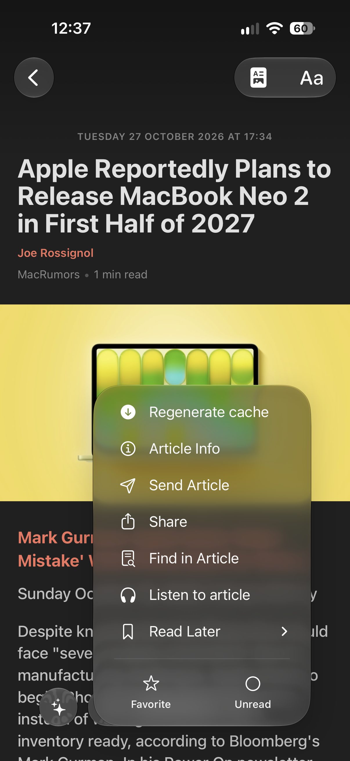 An article in Feedler with the … menu open, Favorite and Unread at the bottom of the menu