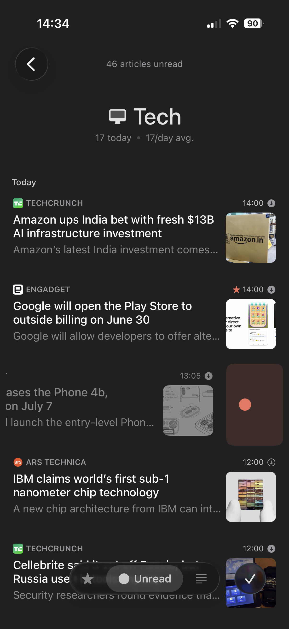 A Feedler article list — headlines, summaries and thumbnails