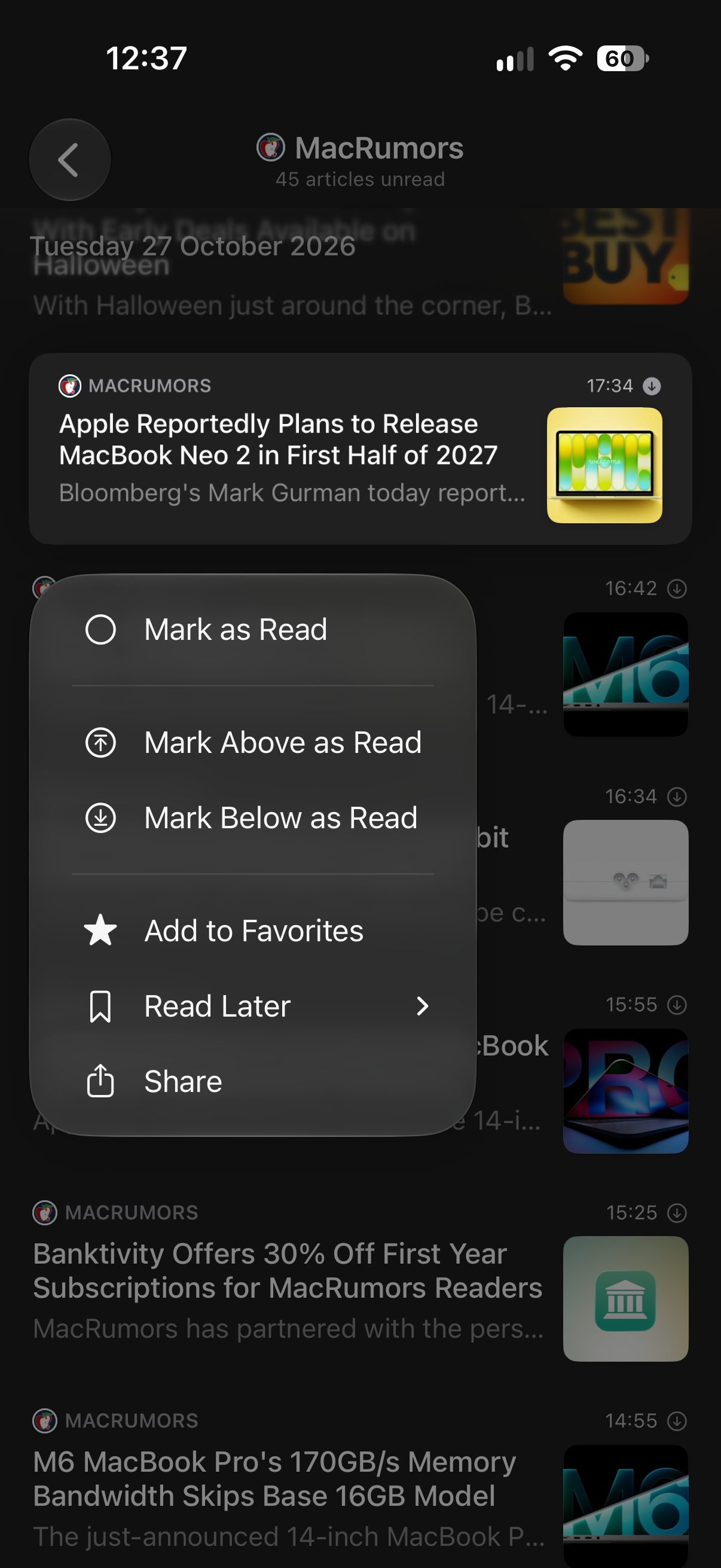 An article list in Feedler with an article's menu open: Mark as Read, Mark Above as Read, Mark Below as Read, Add to Favorites, Read Later, Share