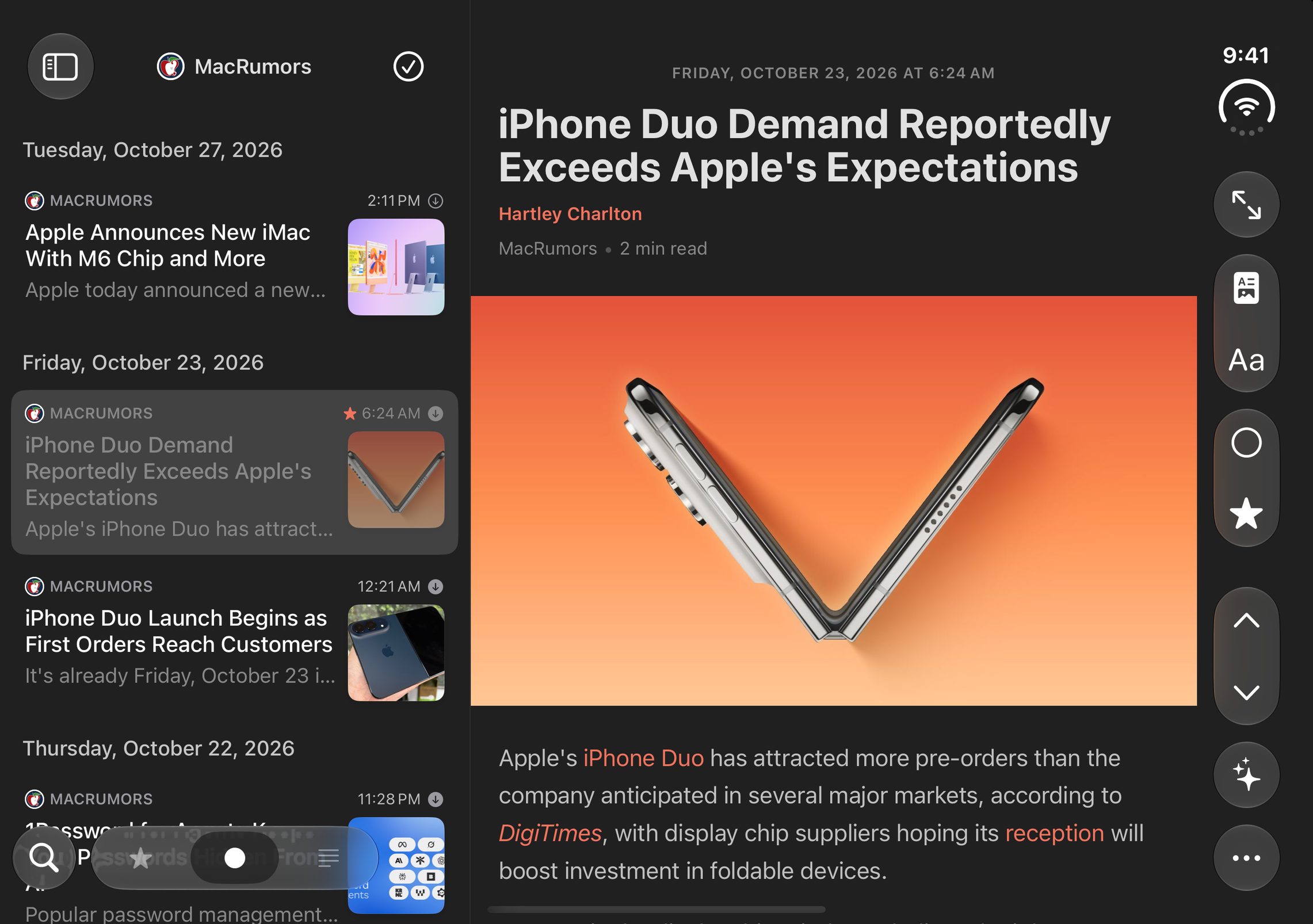 The unfolded iPhone Duo in landscape, the list made narrower and a wider article running across the fold