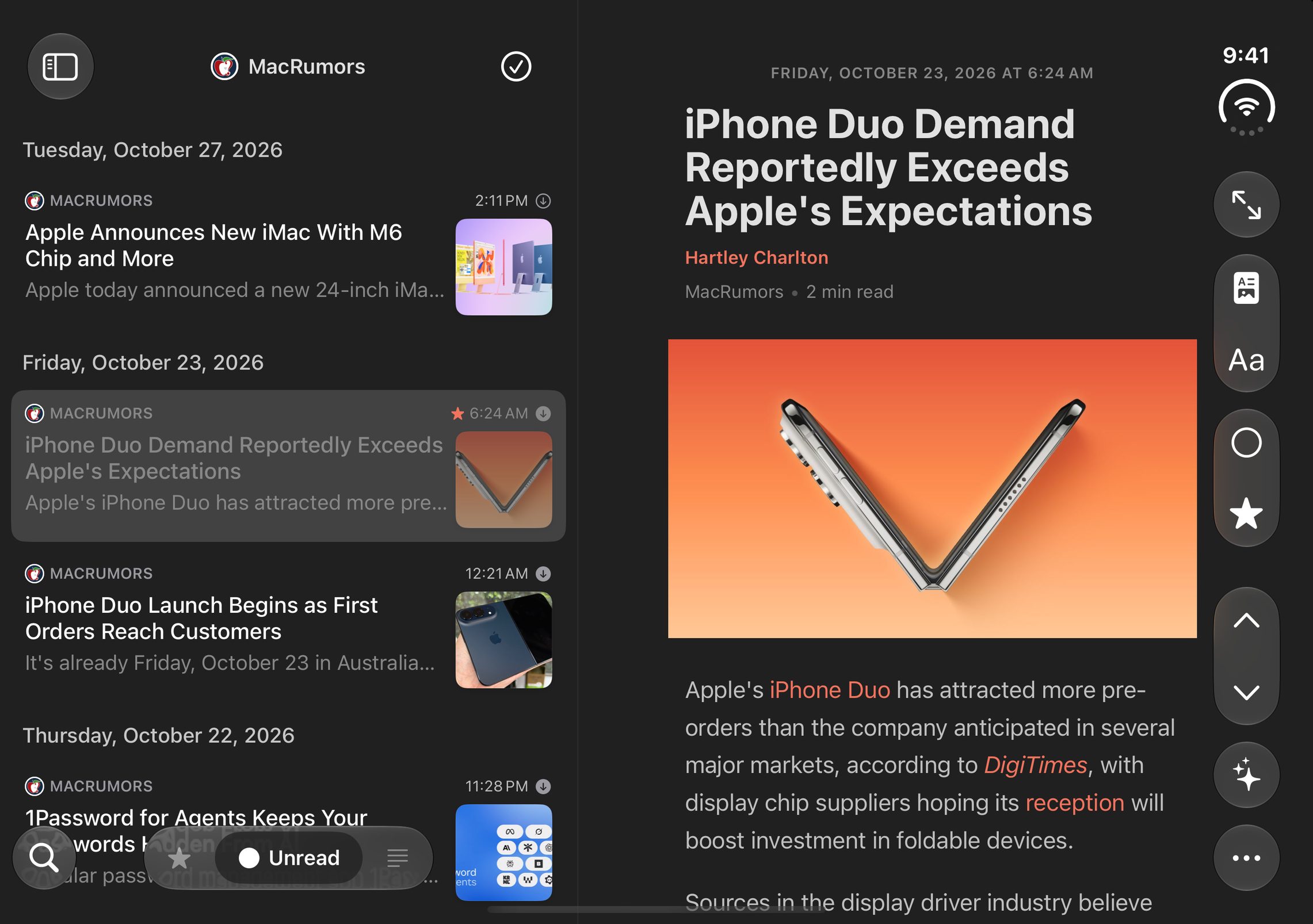The unfolded iPhone Duo in landscape, the list at its widest and the article text starting just after the fold