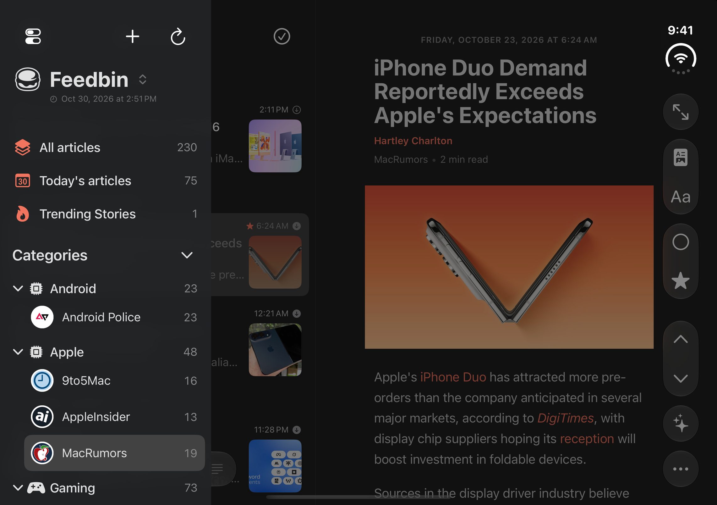 The unfolded iPhone Duo in landscape, the sidebar open over the list and the article
