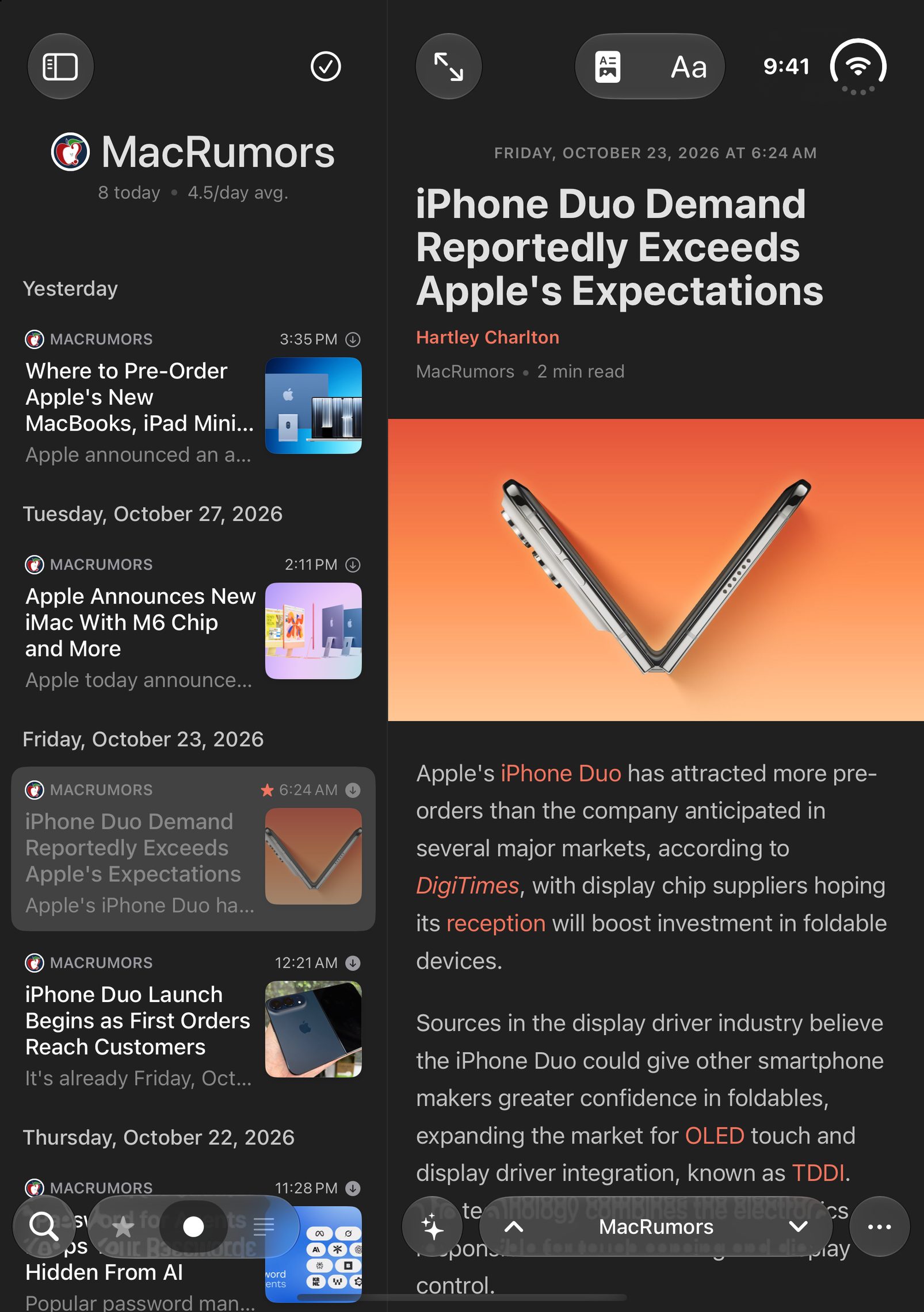 The unfolded iPhone Duo in portrait, the article list next to an open article