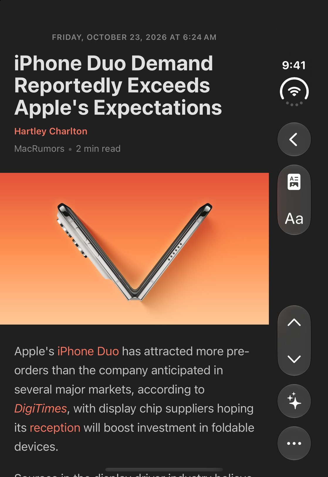 An article on the folded iPhone Duo, its controls in the side toolbar