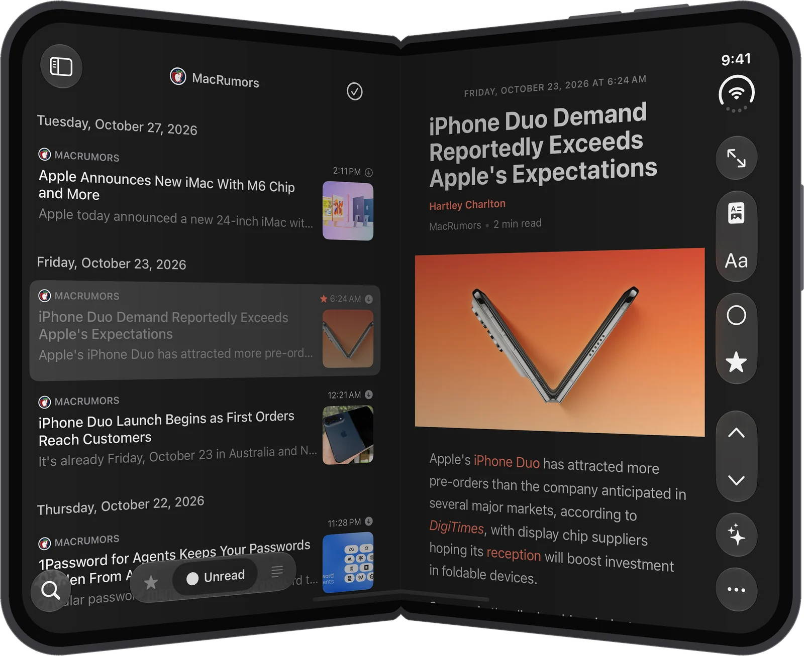 An iPhone Duo half open like a book, the article list on the left half and an article on the right half