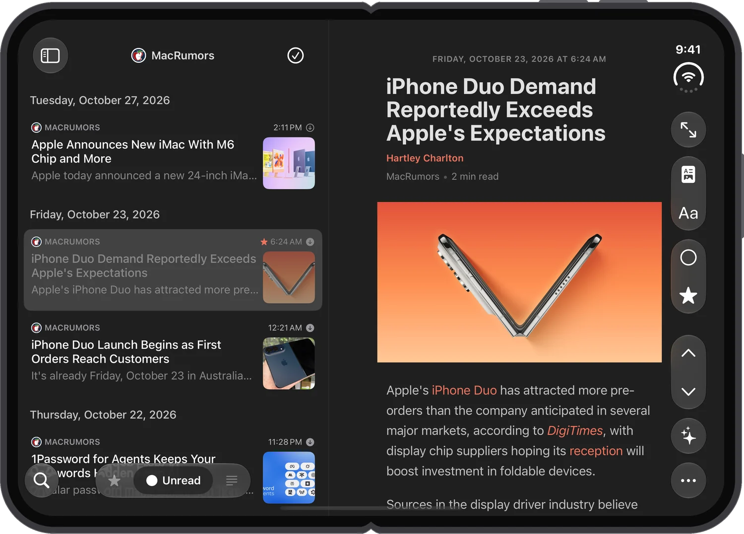 The unfolded iPhone Duo in landscape, the list at its widest and the article text starting just after the fold