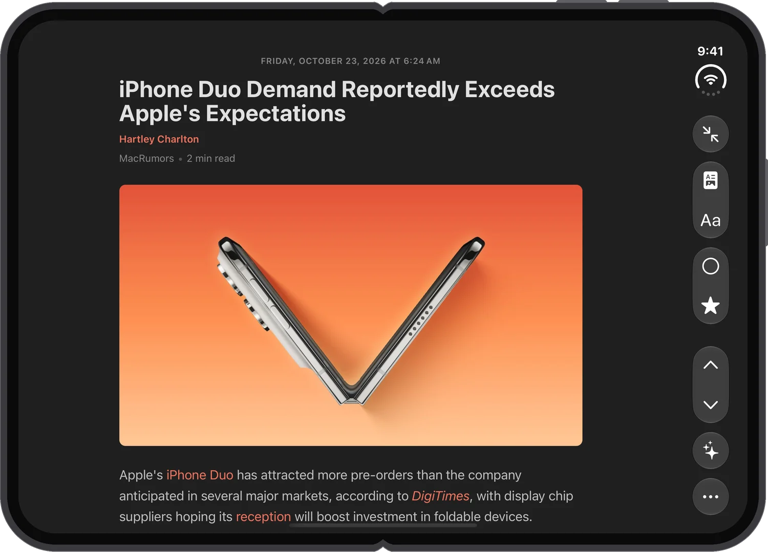 The unfolded iPhone Duo in landscape, an article in full screen with its controls in the side toolbar