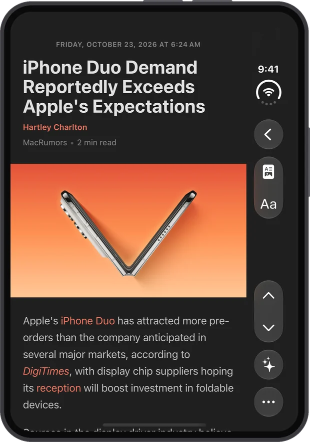 An article on the folded iPhone Duo, back, Reader and Aa at the top of the side toolbar, Previous, Next, AI summary and More at its bottom