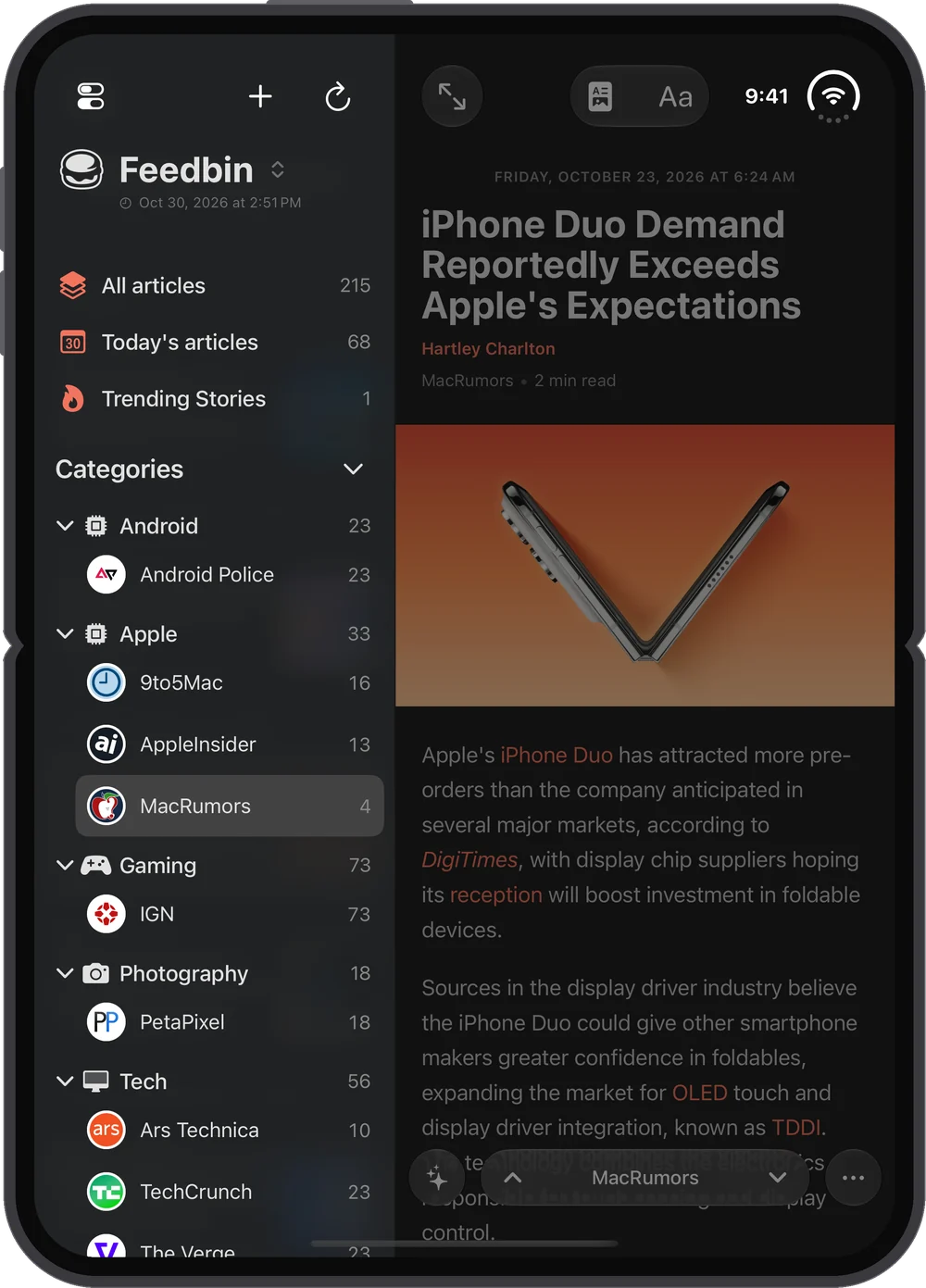 The unfolded iPhone Duo in portrait, the sidebar with folders and feeds open over the list