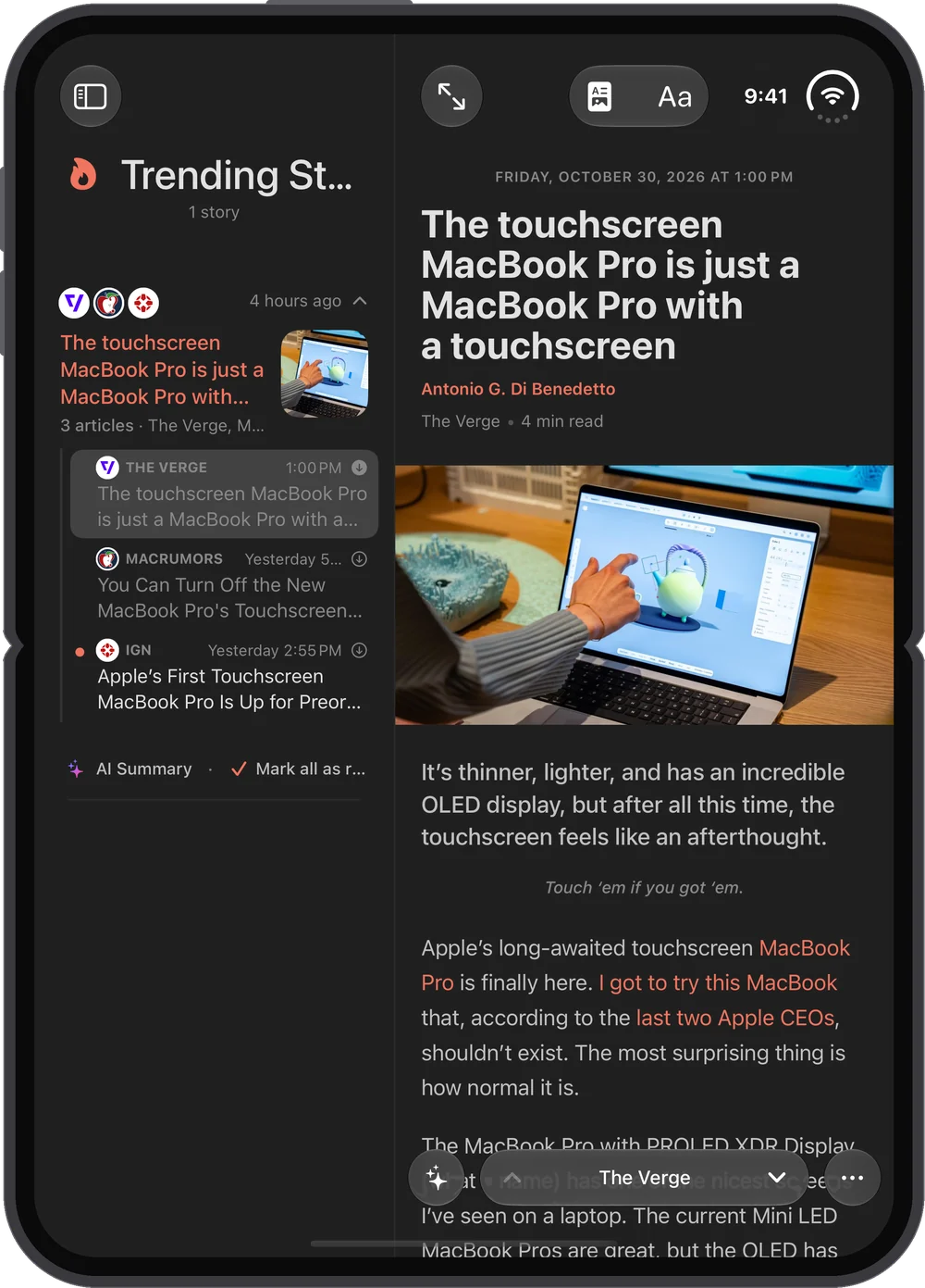 The unfolded iPhone Duo in portrait, a Trending story open next to one of its articles