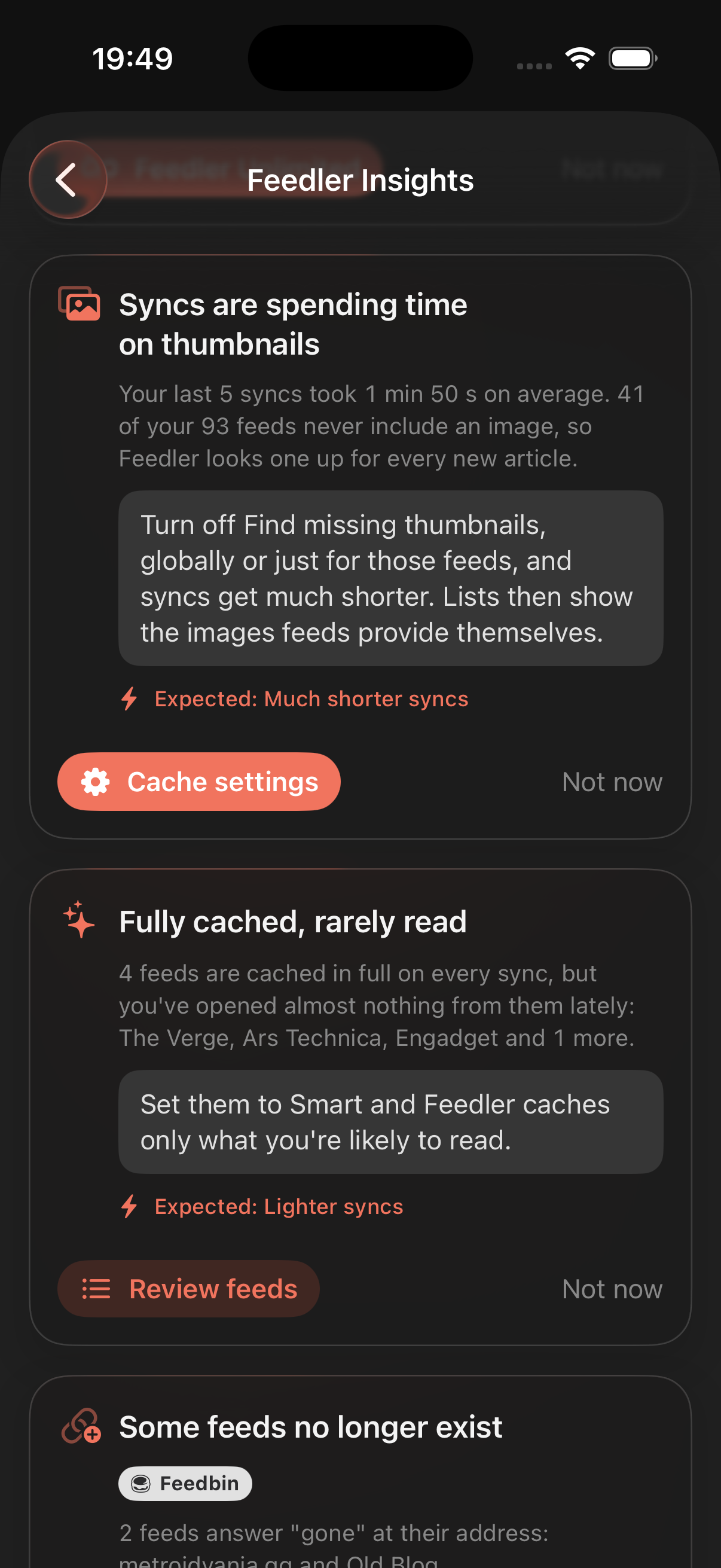 Feedler Insights: cards with a fact, a suggestion and a button to the right setting