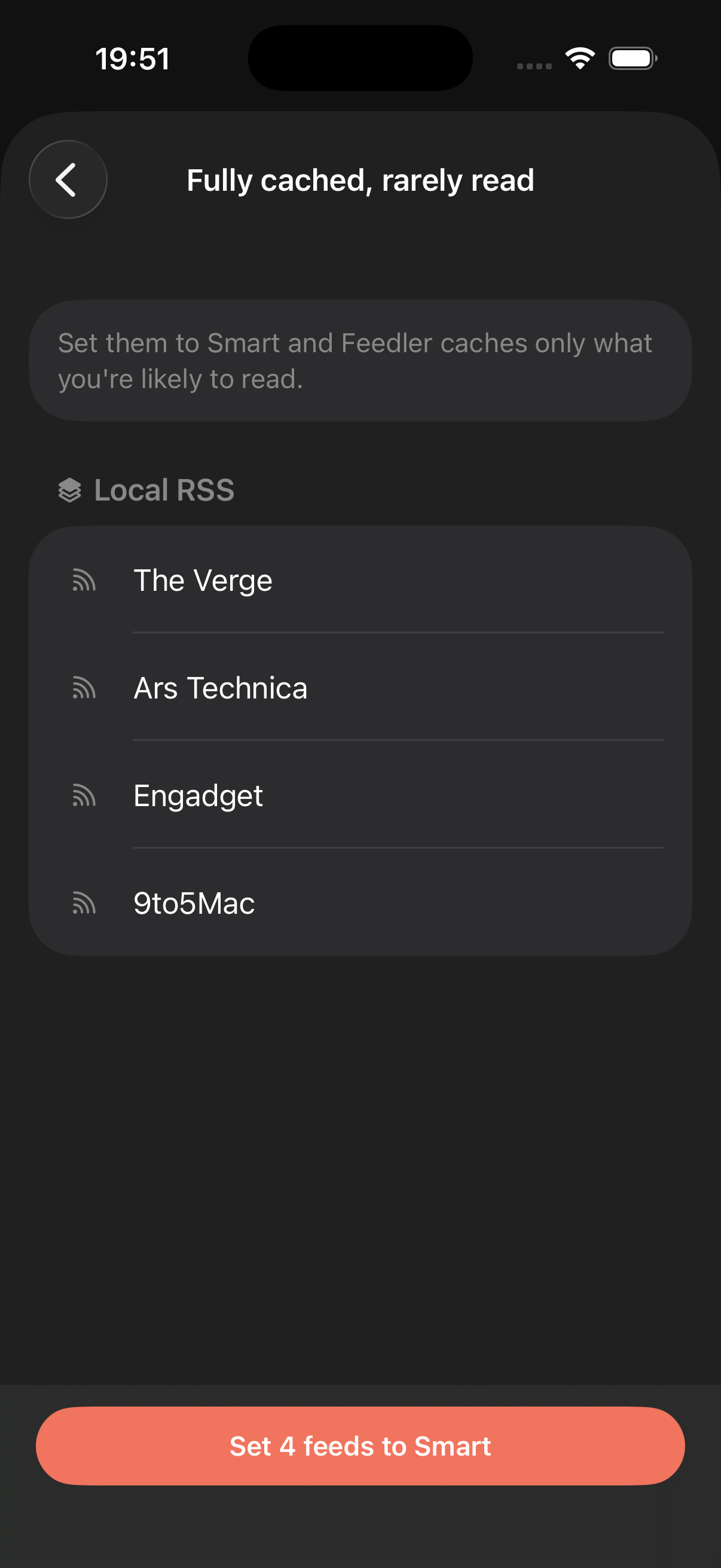 The Review feeds page listing the feeds a card is about, with the change applied in one tap
