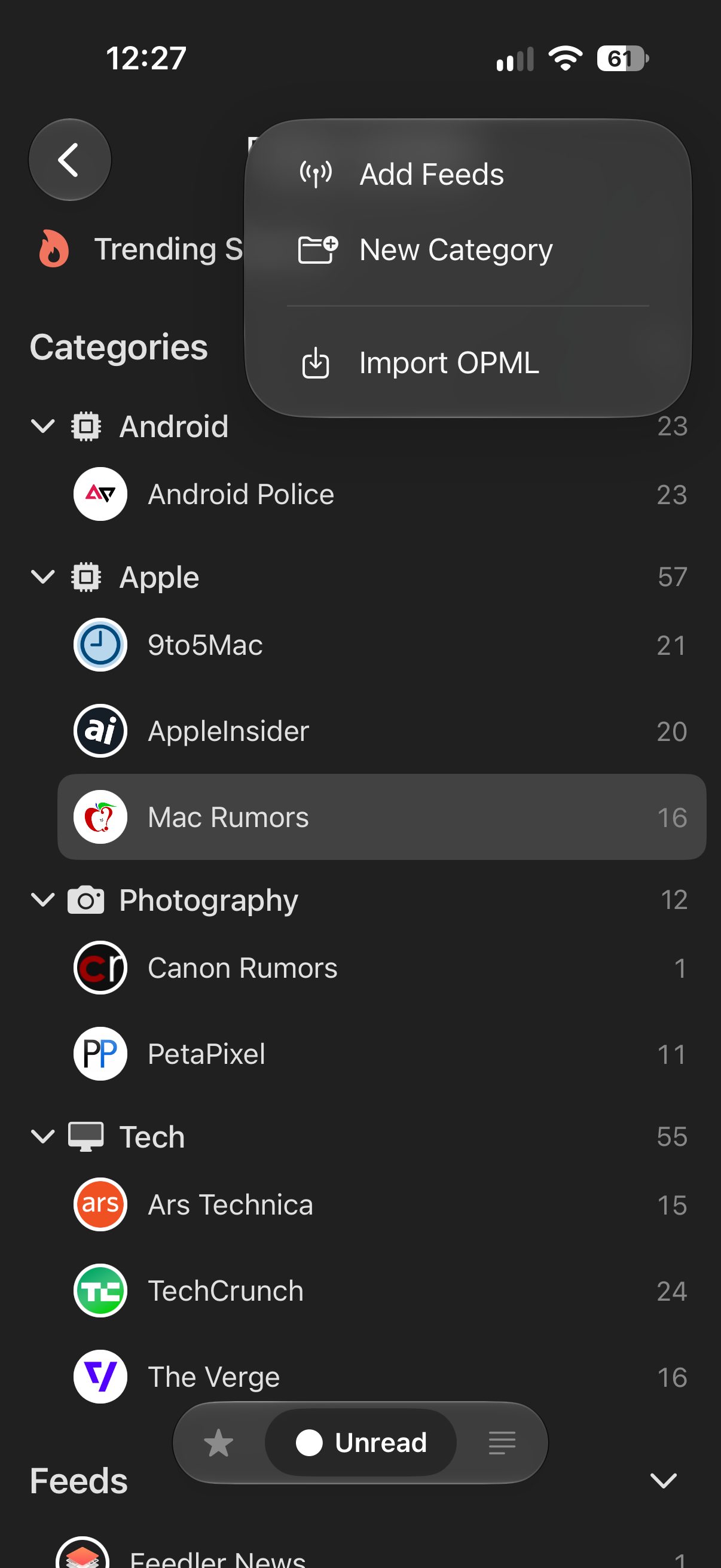 The feeds list in Feedler with the + menu open: Add Feeds, New Category and Import OPML