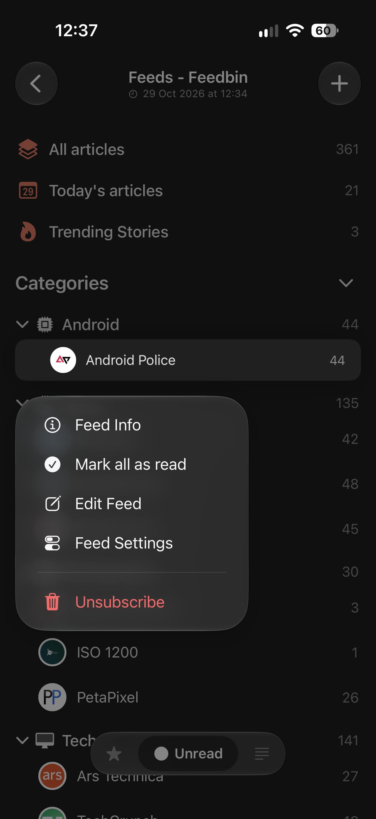 The feeds list in Feedler with a feed's menu open: Feed Info, Mark all as read, Edit Feed, Feed Settings, Unsubscribe