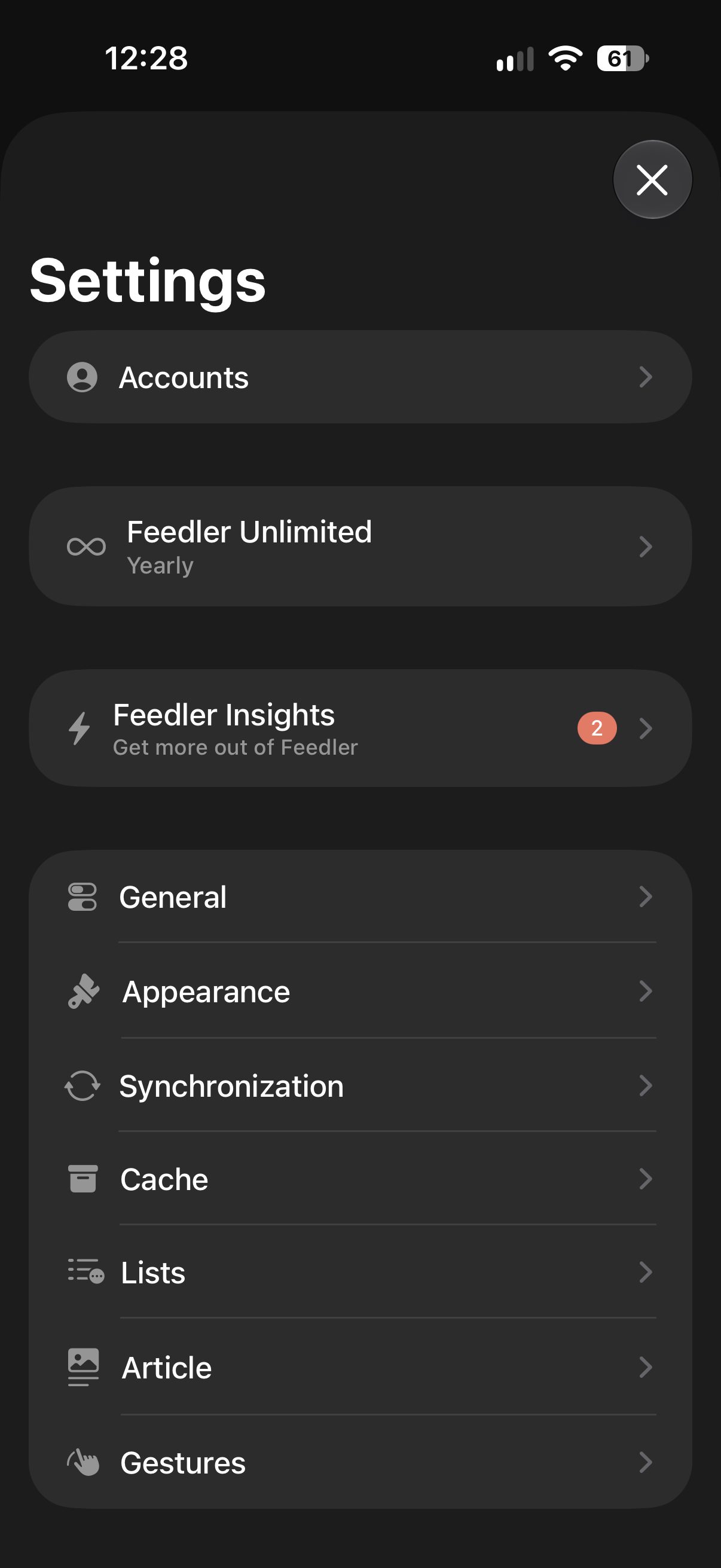 Feedler's Settings: Accounts, Feedler Unlimited, Feedler Insights, then General, Appearance, Synchronization, Cache, Lists, Article and Gestures