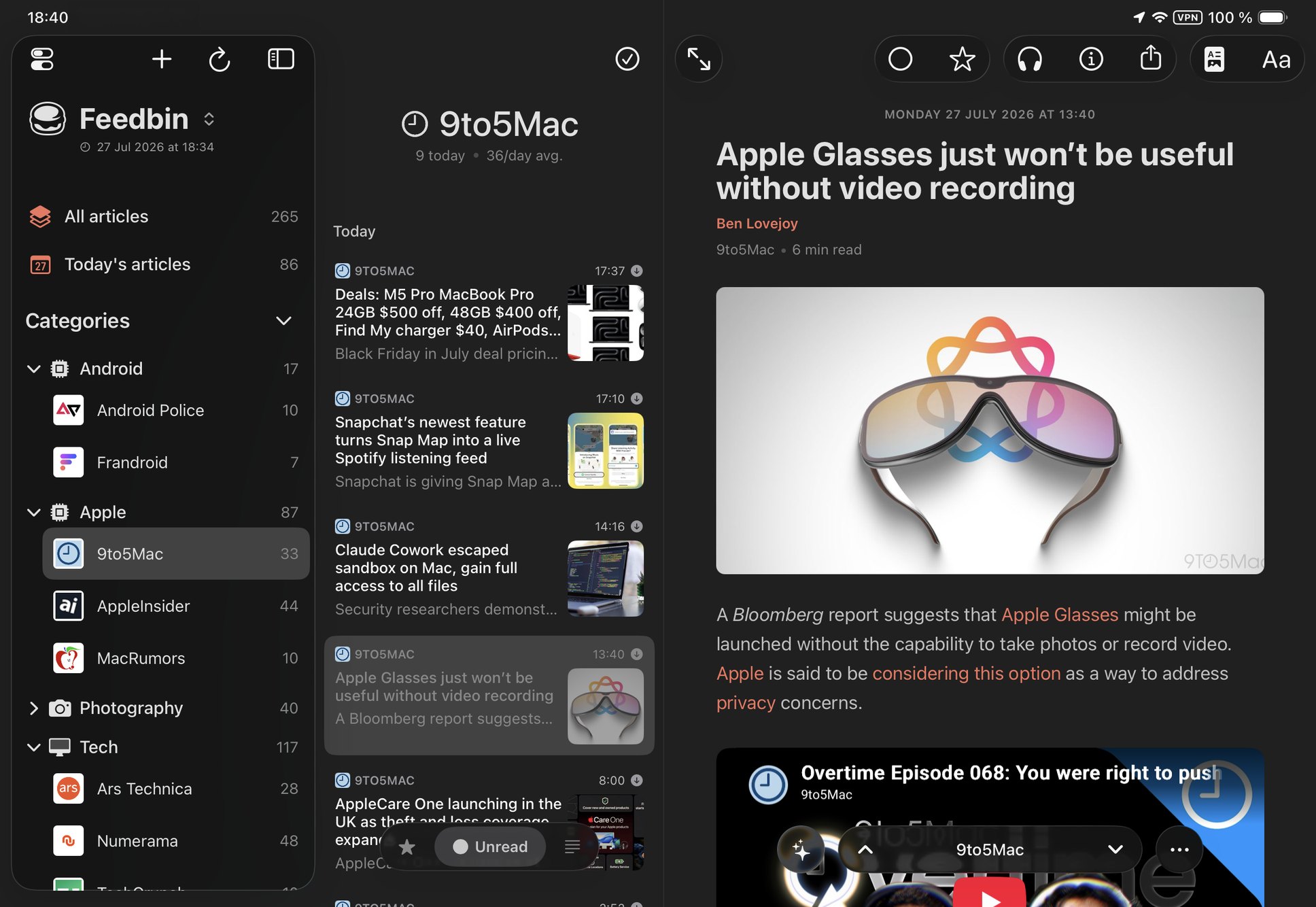 Feedler on iPad in landscape — three-column layout